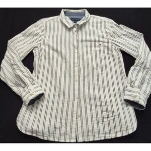 Tommy Hilfiger women's white button up shirt w/navy strips long sleeves sz. M